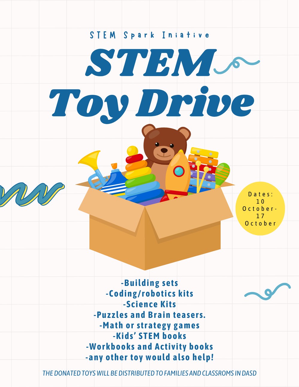 STEM Spark Initiative STEM Toy Drive flyer listing accepted items like building sets, robotics kits, and science kits.